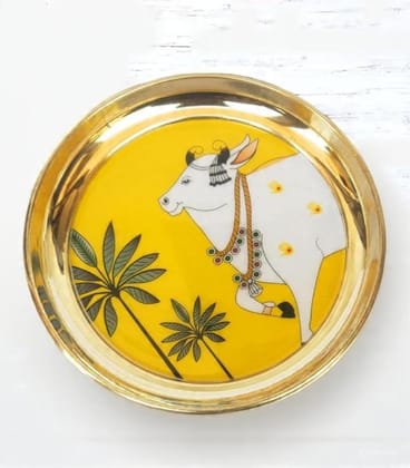 Gold Handcrafted Brass Pooja Thali, Traditional Indian Art With Lotus And Cow Motif For Puja