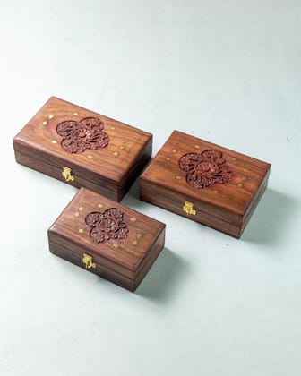 Set of 3 Handcrafted Wooden Storage Boxes with Carved Lid & Brass Clasps