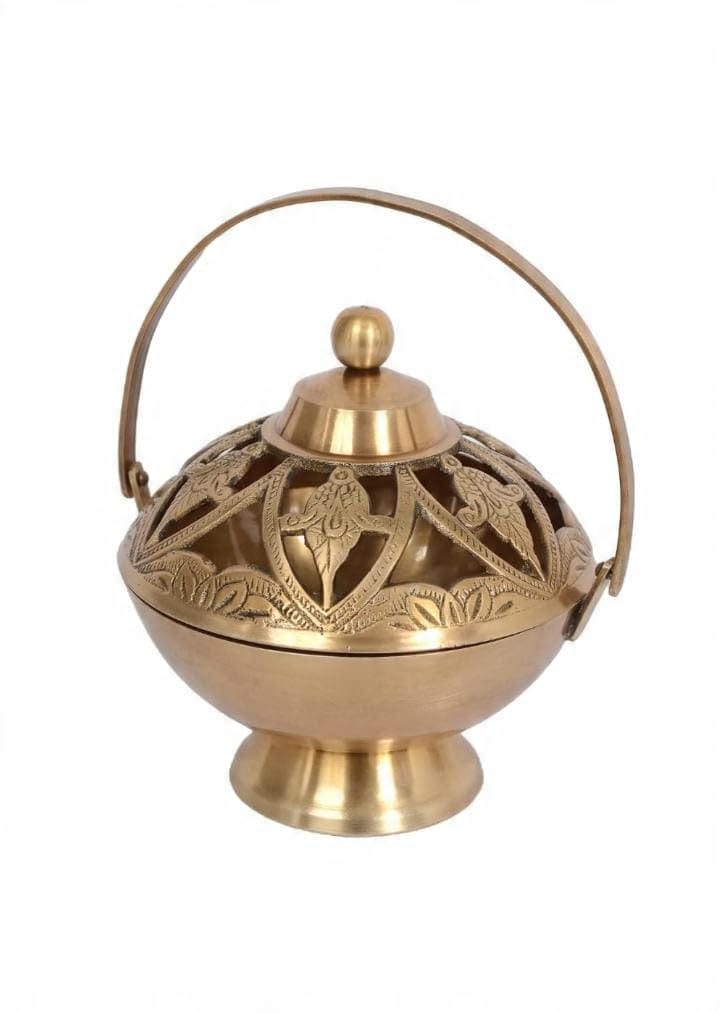 Gold Brass Vintage Loban Lamp Dhoop Dani, Antique Style Incense Burner And Candle Holder For Pooja, Home Temple And Meditation