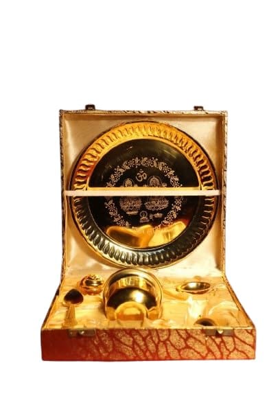 Gold Gold Plated Brass Pooja Thali Gifting Set, 1 Bowl, 1 Agarbatti Stand, 1 Diya, 1 Spoon, Bell, 1 Kalash Returngift, Karwa Chauth, Wedding, Anniversary, Corporate Gifts.