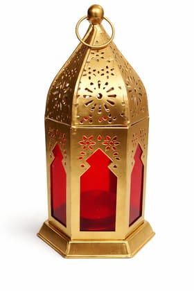Brown Moroccan Hanging Or Table Lamp For Candles, Tea Lights Or Diyas Alloy Metal Frame With Red Translucent Sides, Vintage Gold, Medium (12736C)
