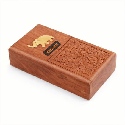 Brown Wooden Cigarette Case With Brass Elephant Inlay, Handcrafted Storage Box With Floral Carving, Vintage Style Holder