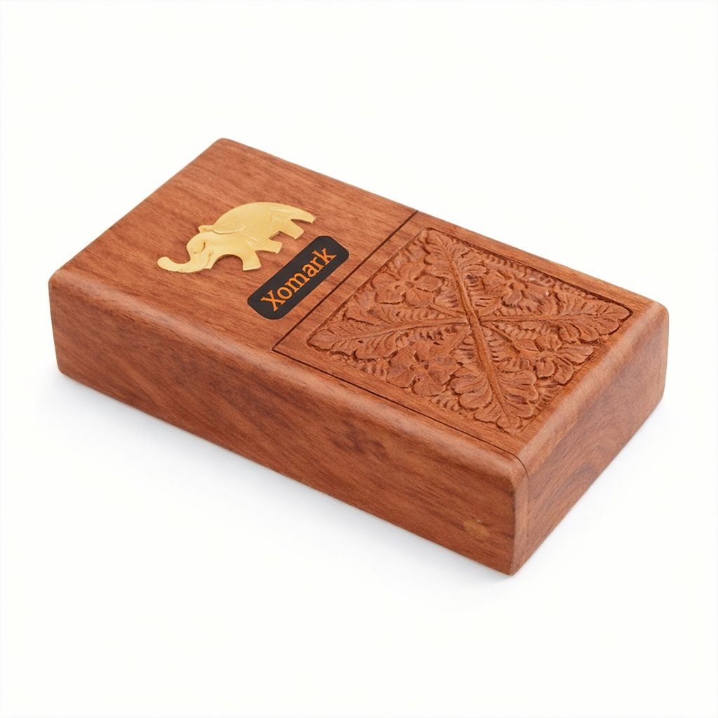 Brown Wooden Cigarette Case With Brass Elephant Inlay, Handcrafted Storage Box With Floral Carving, Vintage Style Holder