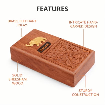 Brown Wooden Cigarette Case With Brass Elephant Inlay, Handcrafted Storage Box With Floral Carving, Vintage Style Holder