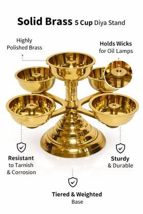 Gold Pure Brass Panchadeep Bhadradeepam Diya, 5-Faced Traditional Oil Lamp For Pooja