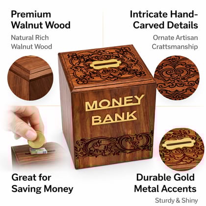 Brown Sheesham Handmade Wood Money Bank/Coin Bank/Piggy Bank/Coin Saving Gullak For Kids