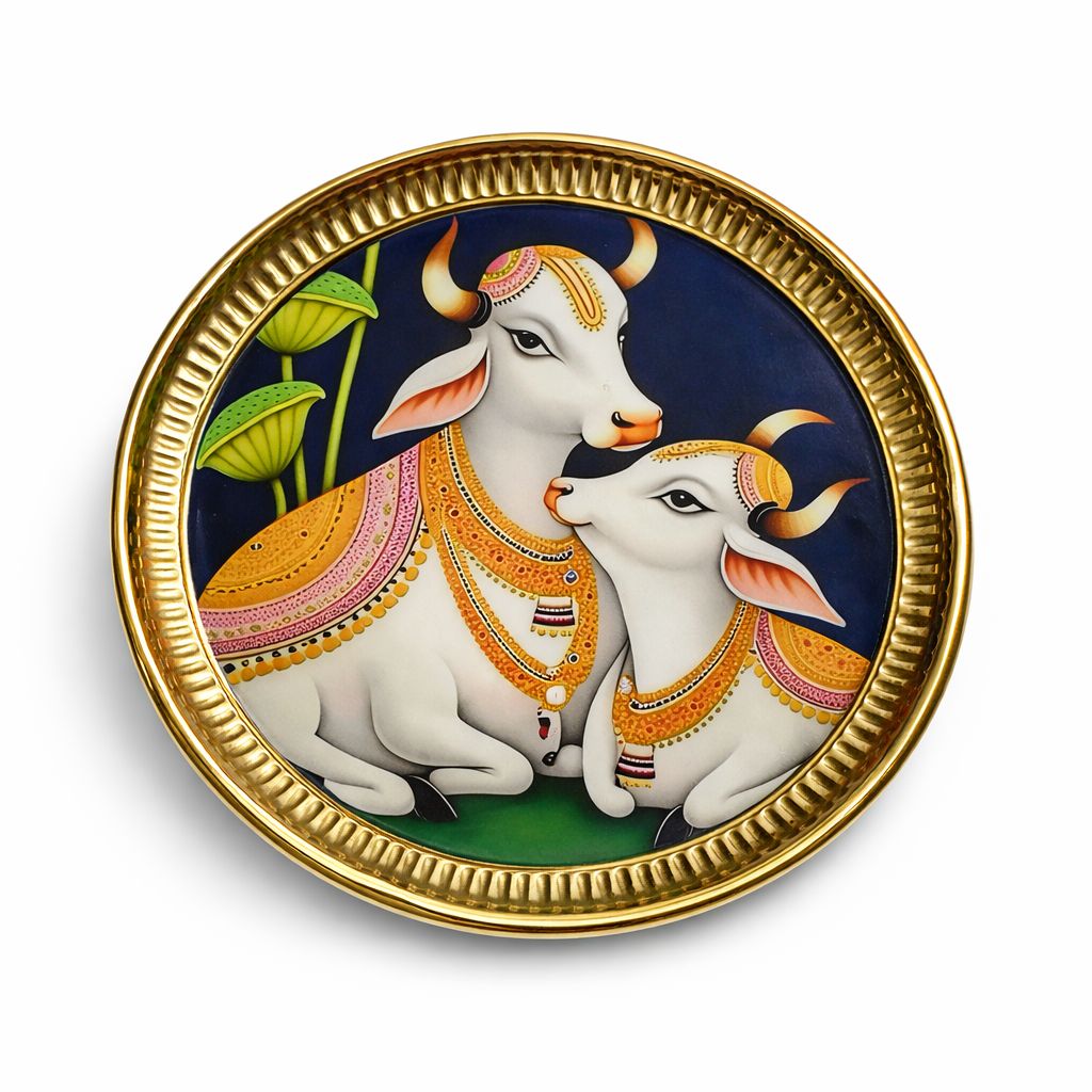 Gold Traditional Hand-Painted Brass Decorative Plate, Yellow With Cow Peacock And Lotus Design With Border