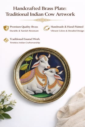 Gold Traditional Hand-Painted Brass Decorative Plate, Yellow With Cow Peacock And Lotus Design With Border