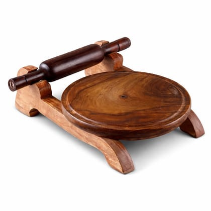 Brown Sheesham Wood Chakla Belan Stand Set For Roti Making | Wooden Rolling Board & Pin With Stand | Handcrafted Traditional Chakla Belan For Indian Kitchen | Eco-Friendly & Durable
