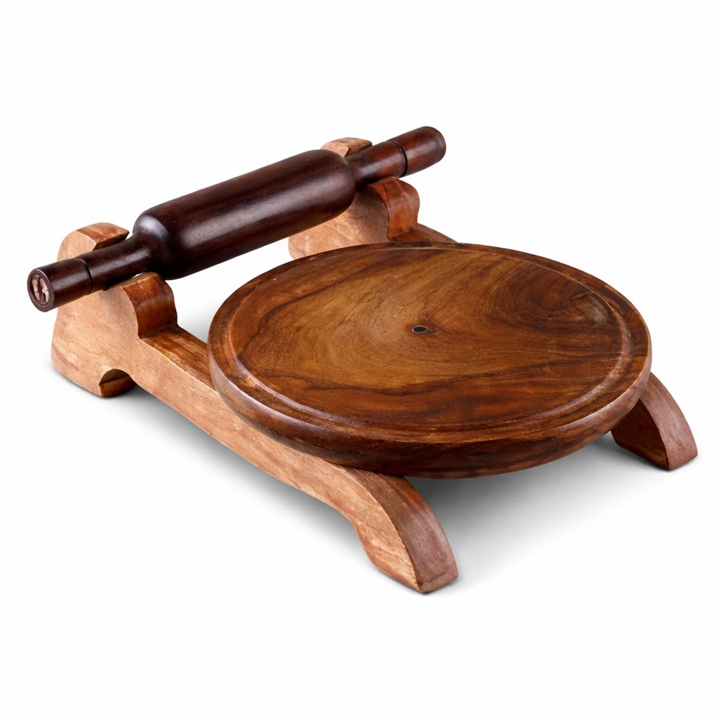Brown Sheesham Wood Chakla Belan Stand Set For Roti Making | Wooden Rolling Board & Pin With Stand | Handcrafted Traditional Chakla Belan For Indian Kitchen | Eco-Friendly & Durable