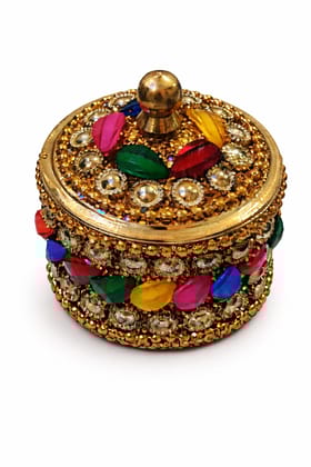 Gold Traditional Handmade Brass Round Kumkum & Sindoor Box For Utility Gift
