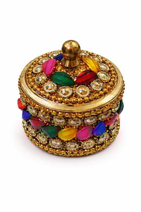 Gold Traditional Handmade Brass Round Kumkum & Sindoor Box For Utility Gift