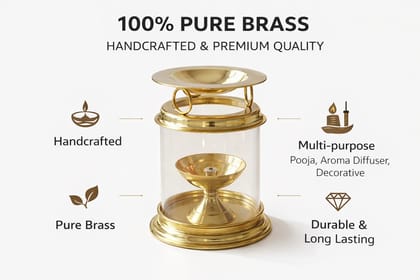 Gold Brass Aromatherapy Oil Model Akhand Diya With Glass Cover For Pooja