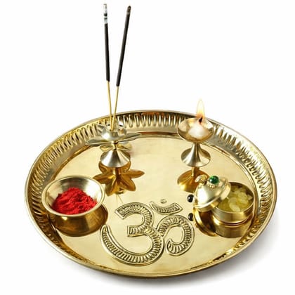 Gold Traditional Brass Pooja Thali With Om Symbol, 11 Inch Diameter, Gold Finish, Complete Aarti Set For Diwali, Navratri, Rakhi, Wedding Return Gift