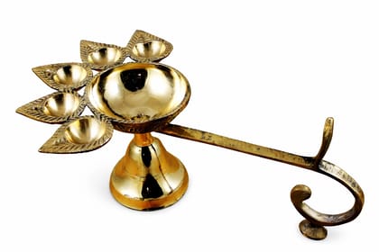 Gold Brass 5 Face Camphor Burner Punch Aarti Diya Lamp With Kuber Pedi And Turtle Stand, Gold Finish, Traditional Pooja Set