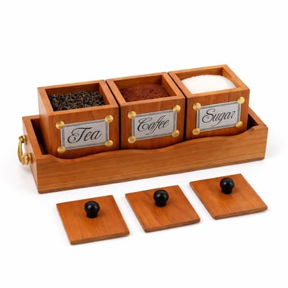 Brown Wooden Tea Coffee Sugar Container Set With Tray, Antique Look Used For Storing Tea & Coffee