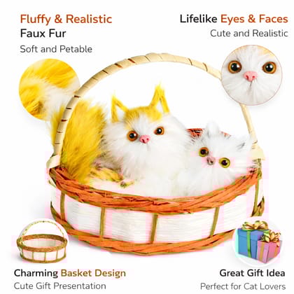 White Cat Soft Toys - Cat In Basket Mini Kitten Doll With Realistic Meow Sounds - Touch-Activated Cat Toy Doll Decor For Office Desk, Handheld Gift For Kids, Boys, Girls & Girlfriend