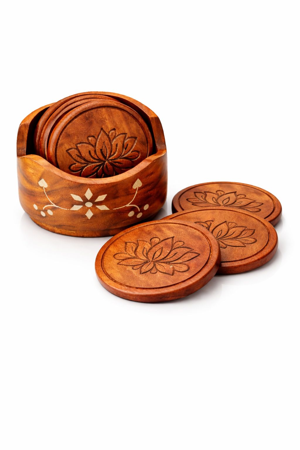 Brown Wooden Coaster Set For Tea, Coffee, And Drink With Holder/Stand - Handmade Cup Coasters -(Set Of 6) 3.5 Inch (Lotus)