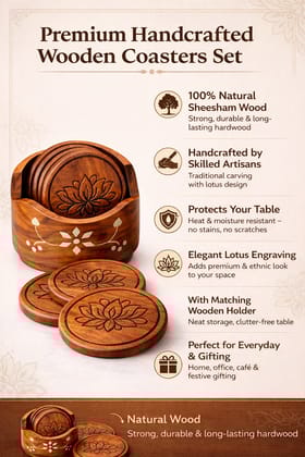 Brown Wooden Coaster Set For Tea, Coffee, And Drink With Holder/Stand - Handmade Cup Coasters -(Set Of 6) 3.5 Inch (Lotus)