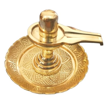 Gold Sacred Brass Lord Shivlingam With Intricate Embossed With Flower Design Plate Exclusive For Puja/Shivratri/Sawan Rituals Weight-(150+70Gm)