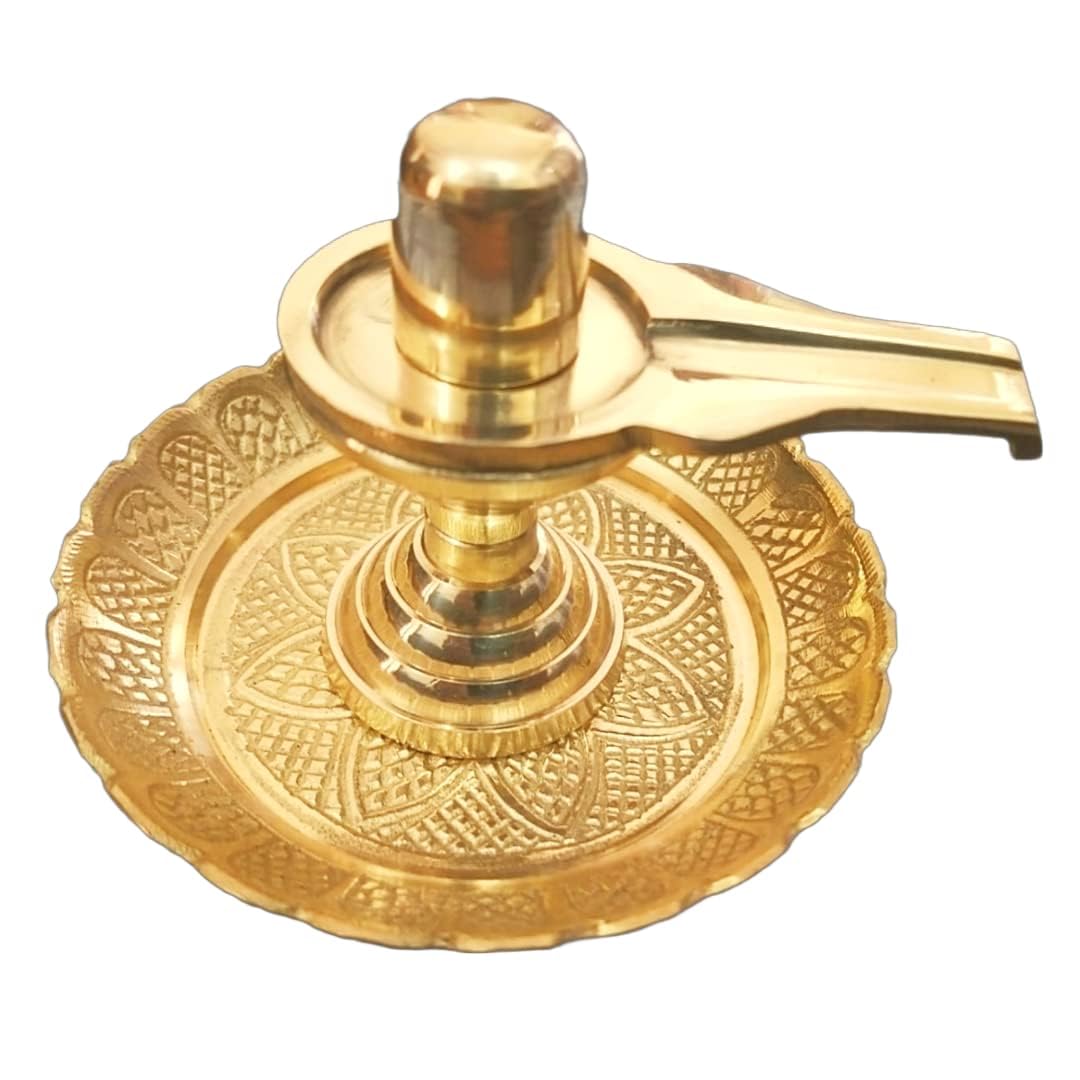 Gold Sacred Brass Lord Shivlingam With Intricate Embossed With Flower Design Plate Exclusive For Puja/Shivratri/Sawan Rituals Weight-(150+70Gm)