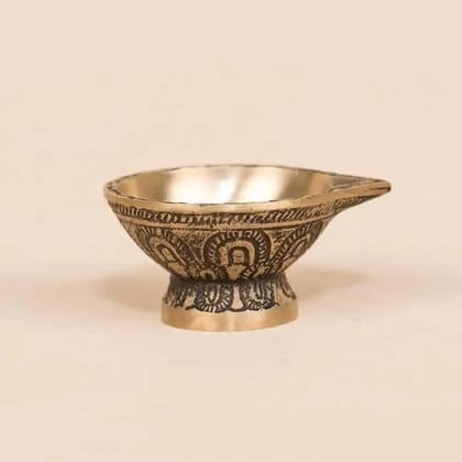 Gold Traditional Brass Diya, Handcrafted Pooja Deepak Oil Lamp With Decorative Design, 7 Cm Diameter, 3 Cm Height