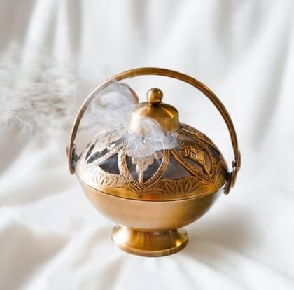 Gold Brass Vintage Loban Lamp Dhoop Dani, Antique Style Incense Burner And Candle Holder For Pooja, Home Temple And Meditation